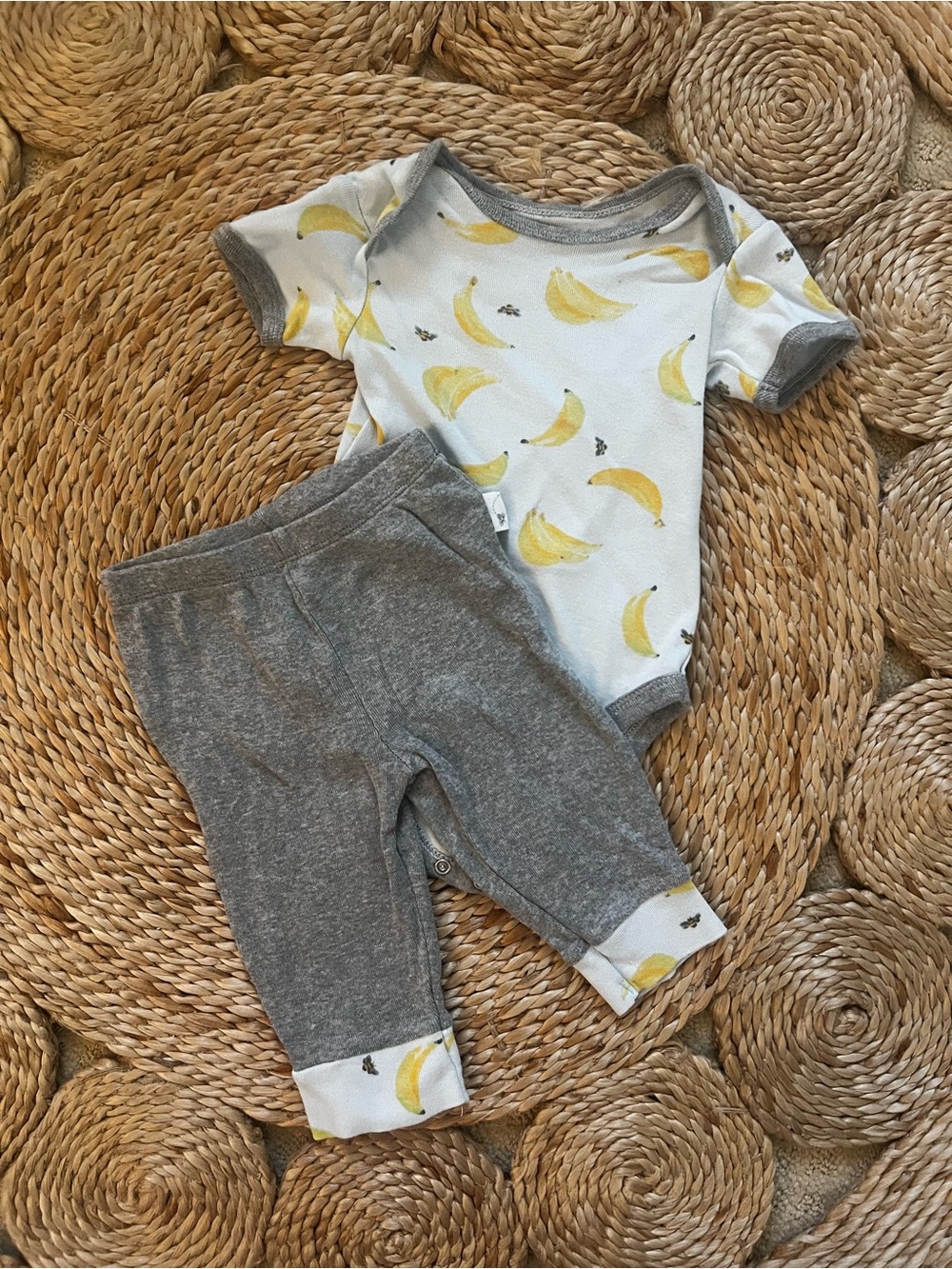 Burt's Bees Banana Print Baby Bodysuit & Gray Pants Set 0-3 Months